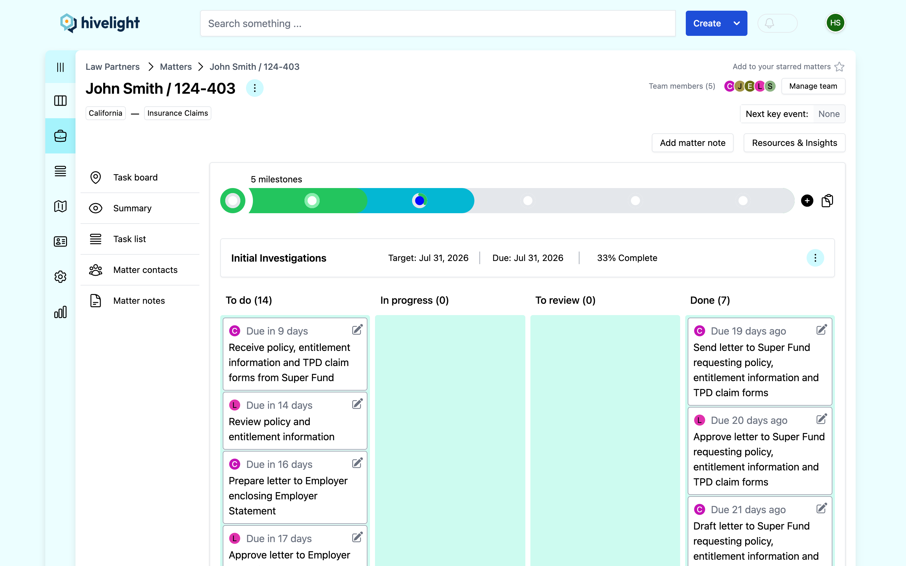 Hivelight matter board showing Kanban-style task stages for a legal matter with team workflow